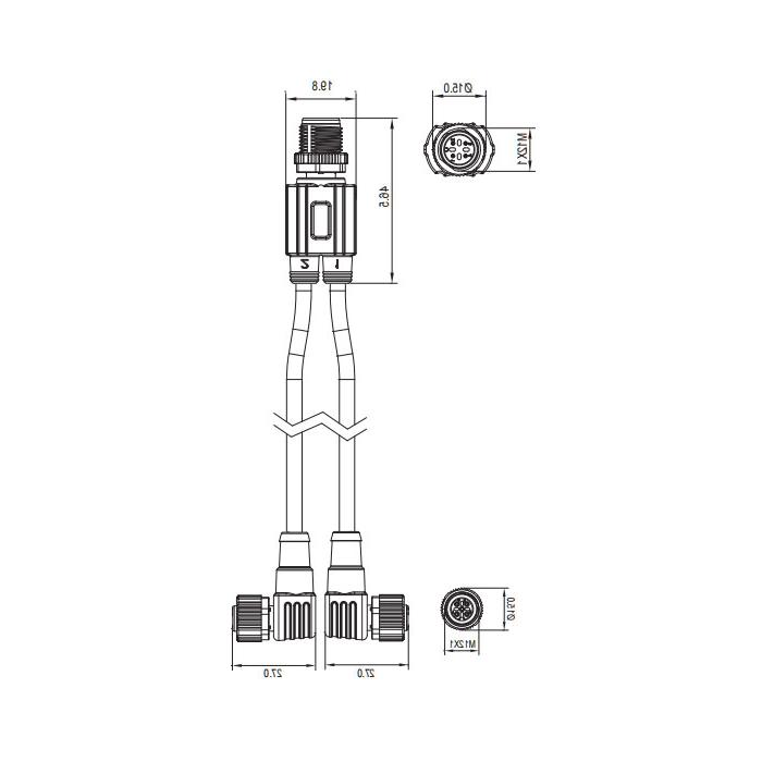 M12 4Pin公头/2M12 3Pin母头90°、带LED灯、Y型预铸PVC非柔性电缆、灰色护套、64D443-XXX